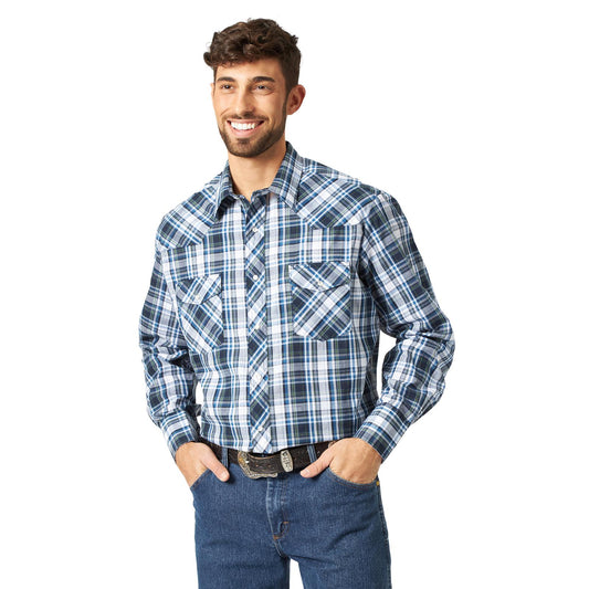Wrangler Men's Long Sleeve Plaid Snap Shirt - Blue Plaid - Irvine Tack & Western Wear