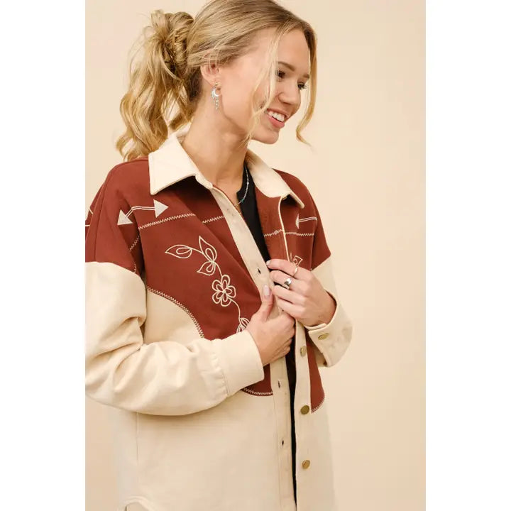 Women's Long Sleeve Western Yoke Embroidered Shirt Jacket- Taupe Brown