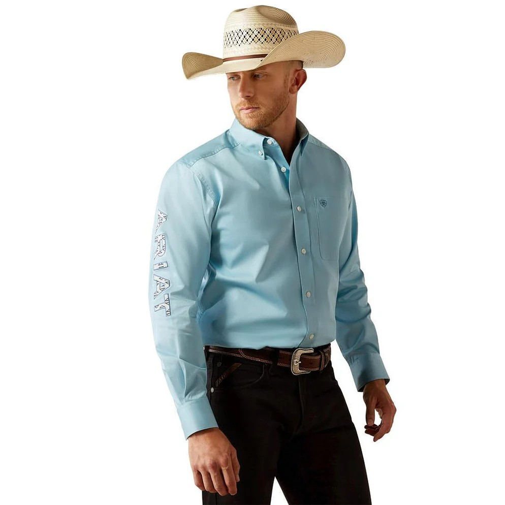Ariat Men's Long Sleeve Team Logo Twill Classic Fit Shirt- Light Blue