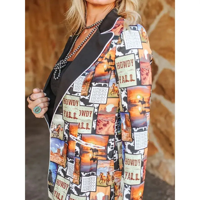 Lucky & Blessed Women's Western Collage Printed Ivory Piping Button Blazer-
