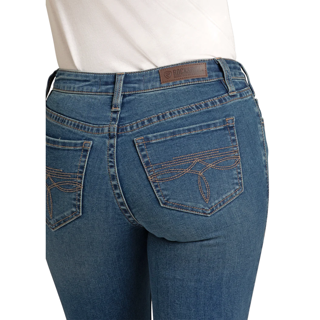 Rock & Roll Women's Boot Stitch Embroidered High Rise Boot Cut Jeans - Medium Wash