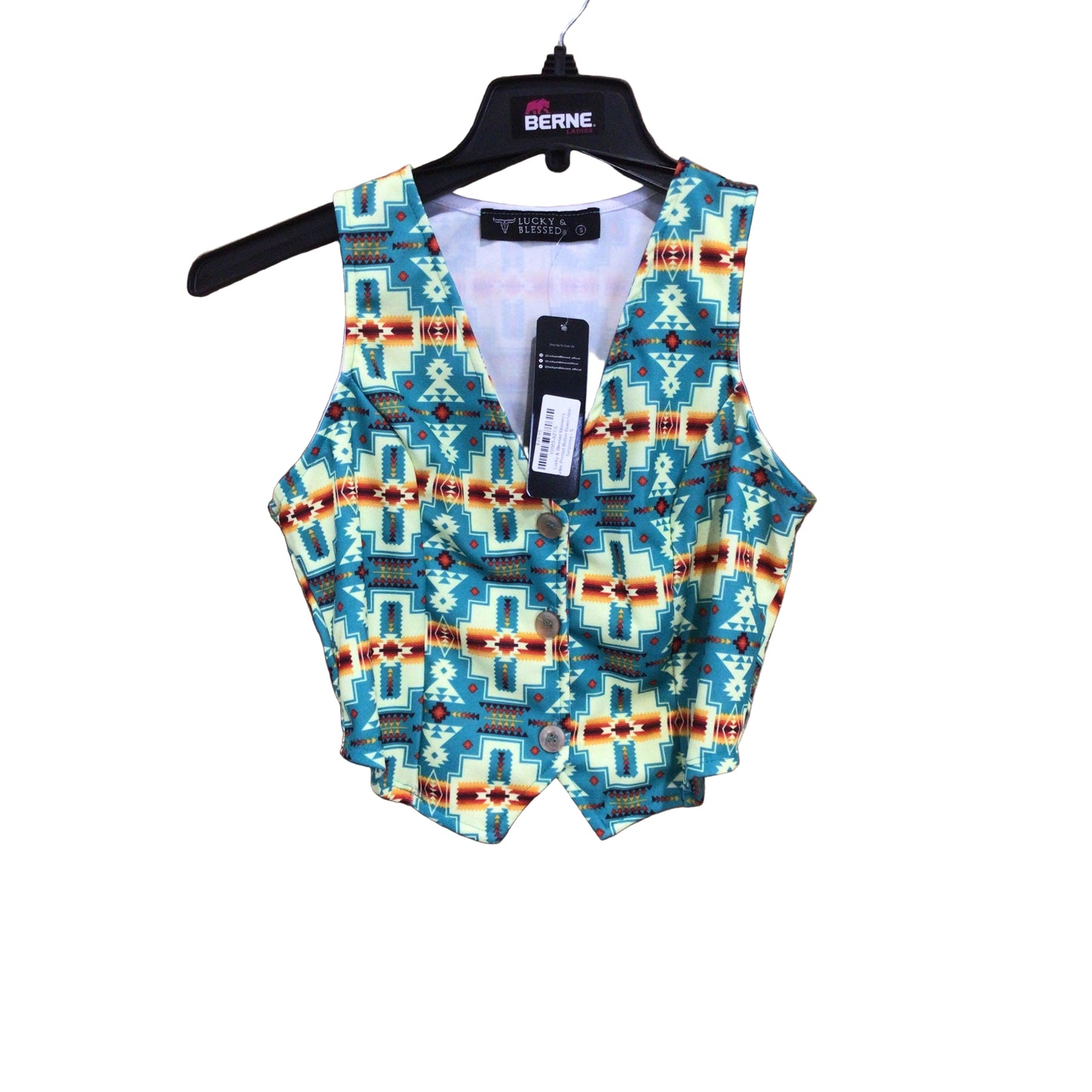Lucky & Blessed Women's Aztec Printed Button Down Vest- Turquoise