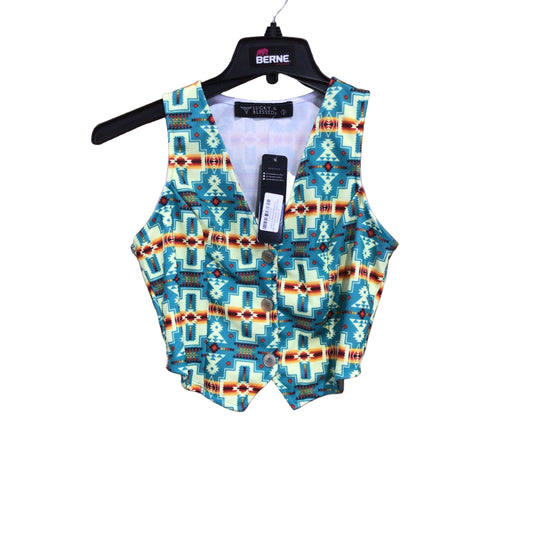 Lucky & Blessed Women's Aztec Printed Button Down Vest- Turquoise