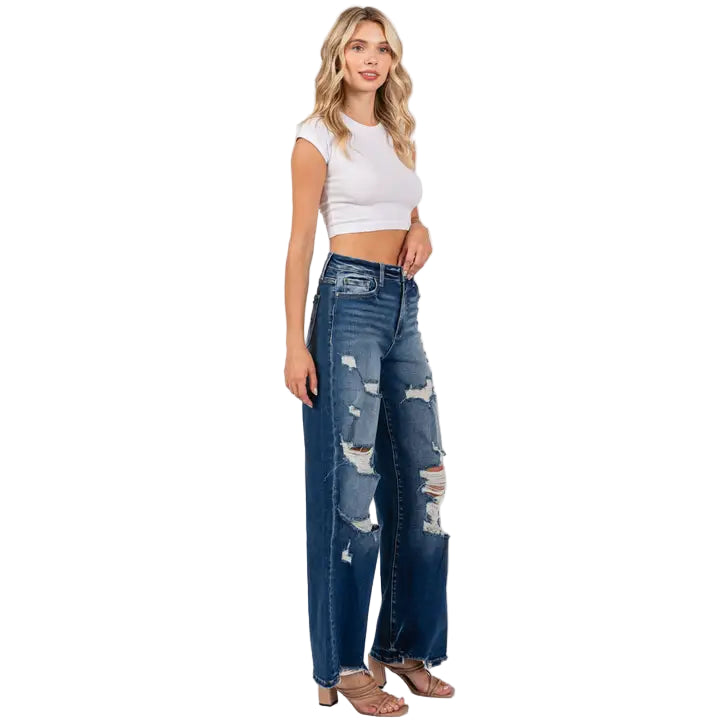 Petra153 Women's Destroyed High Rise Super Stretch Relaxed Wide Leg Jeans - Medium Wash