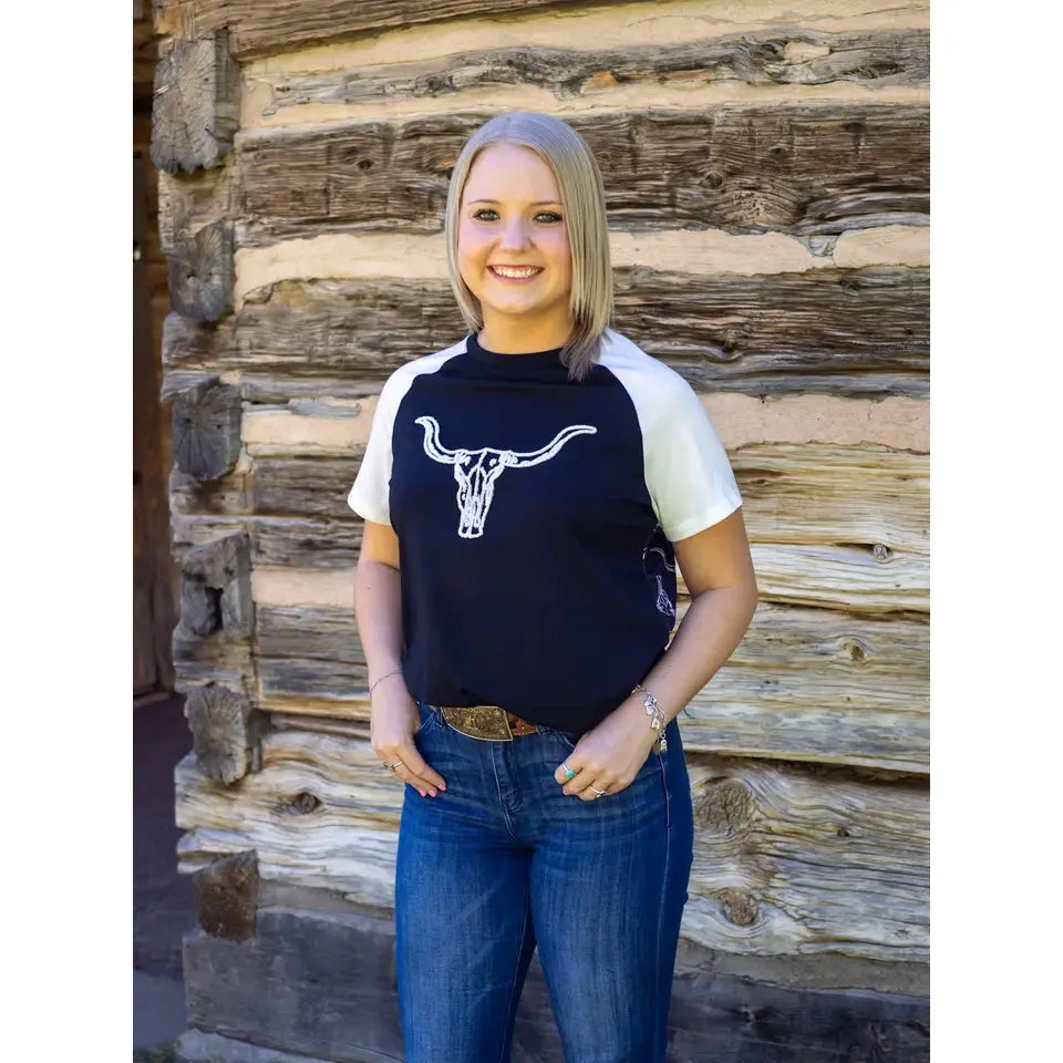 Rockin A Design Women's Short Sleeve Western Steer Skull 3 D Tee Shirt-