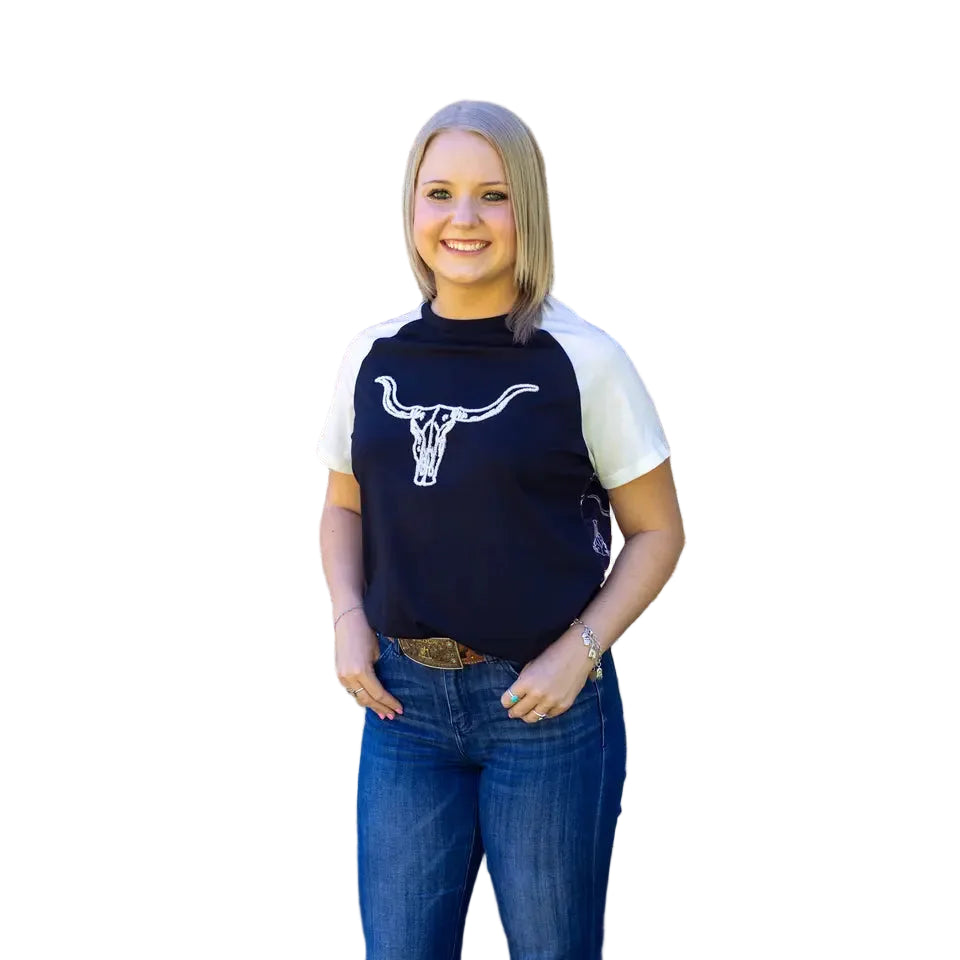 Rockin A Design Women's Short Sleeve Western Steer Skull 3 D Tee Shirt-