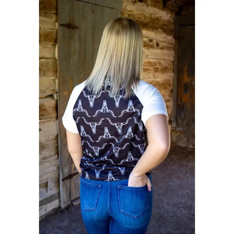 Rockin A Design Women's Short Sleeve Western Steer Skull 3 D Tee Shirt-