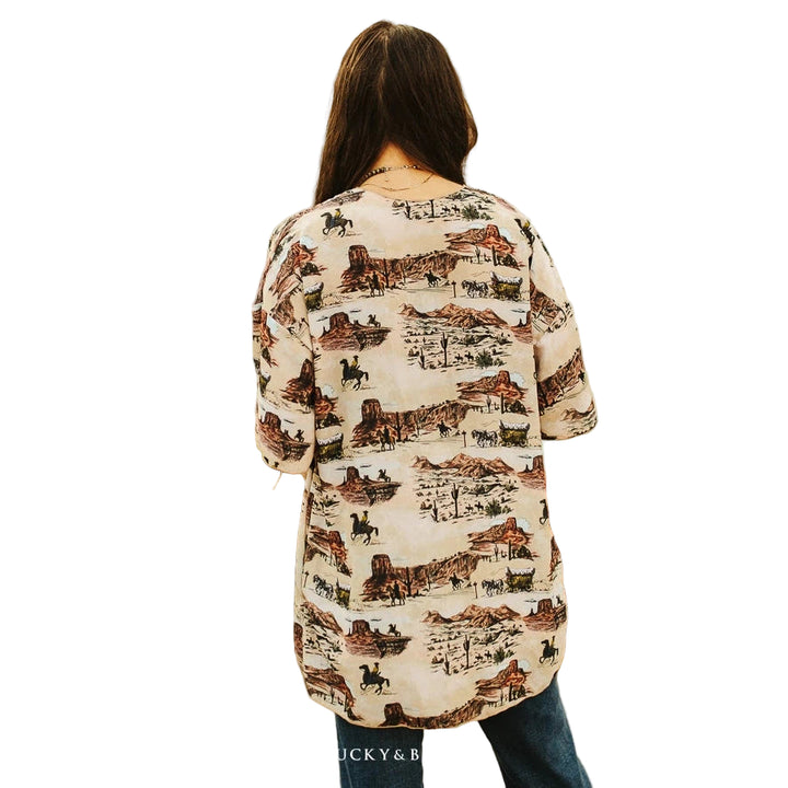 Lucky &amp; Blessed Western Desert Cowboy Printed Kimono