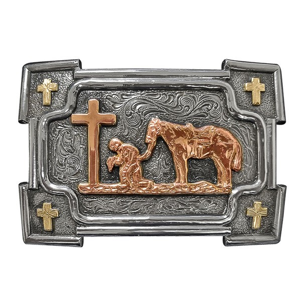Crumrine Buckle Rectangle with Smith Edging and Copper Cross Cowboy Praying 2.375x3.5"