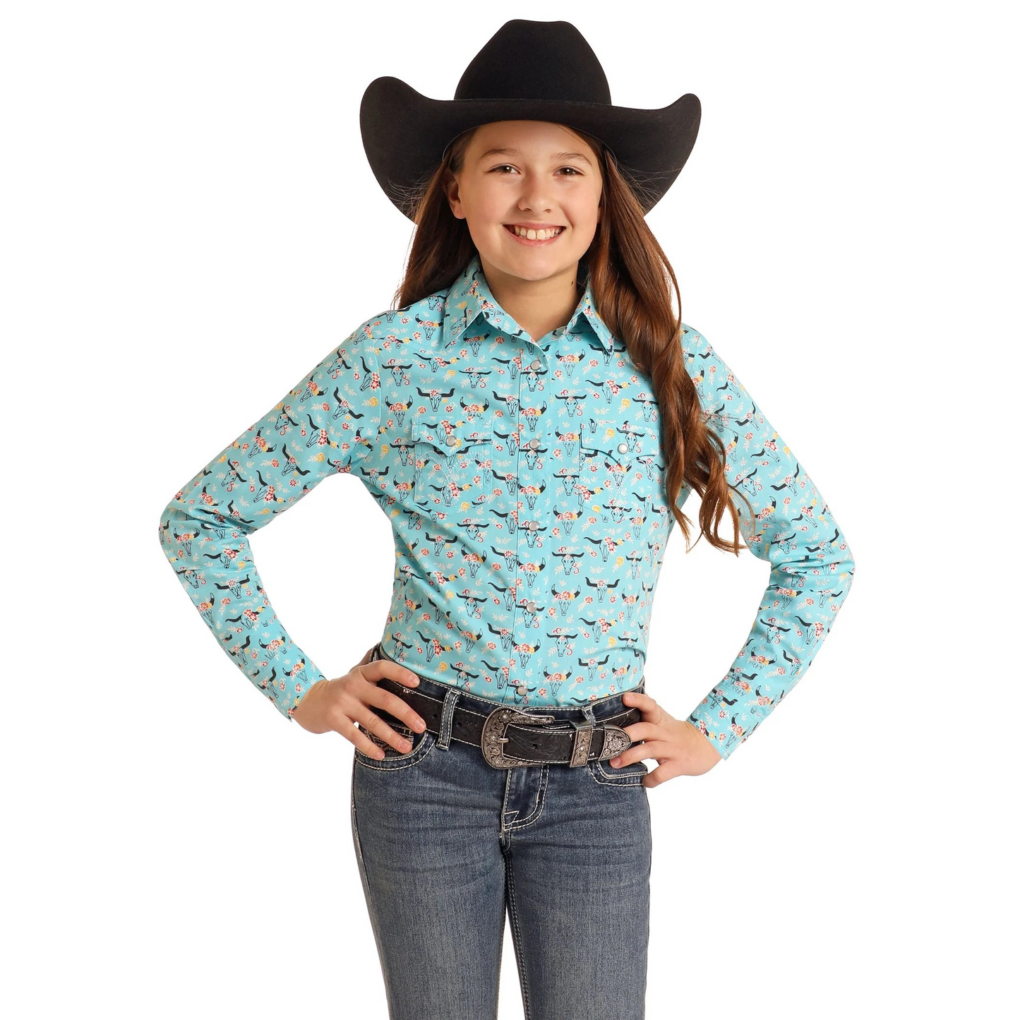 White Label Girl's Long Sleeve Print Snap Shirt - Bright Turquoise