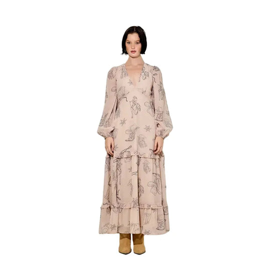 BaeVely Women's Cowboy Print V Neck Long Sleeve Midi Dress- Taupe