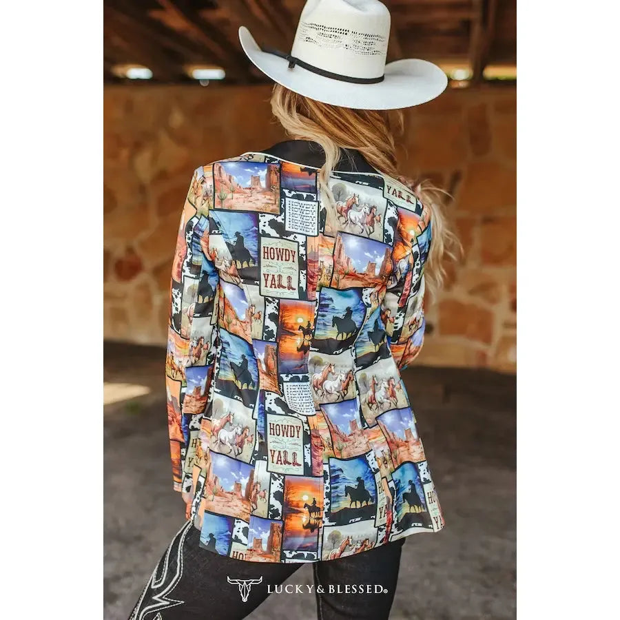 Lucky & Blessed Women's Western Collage Printed Ivory Piping Button Blazer-