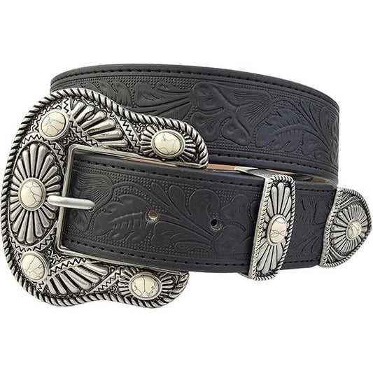 Axesoria West Women's Western Buckle Loop Set With Floral Tooled Belt