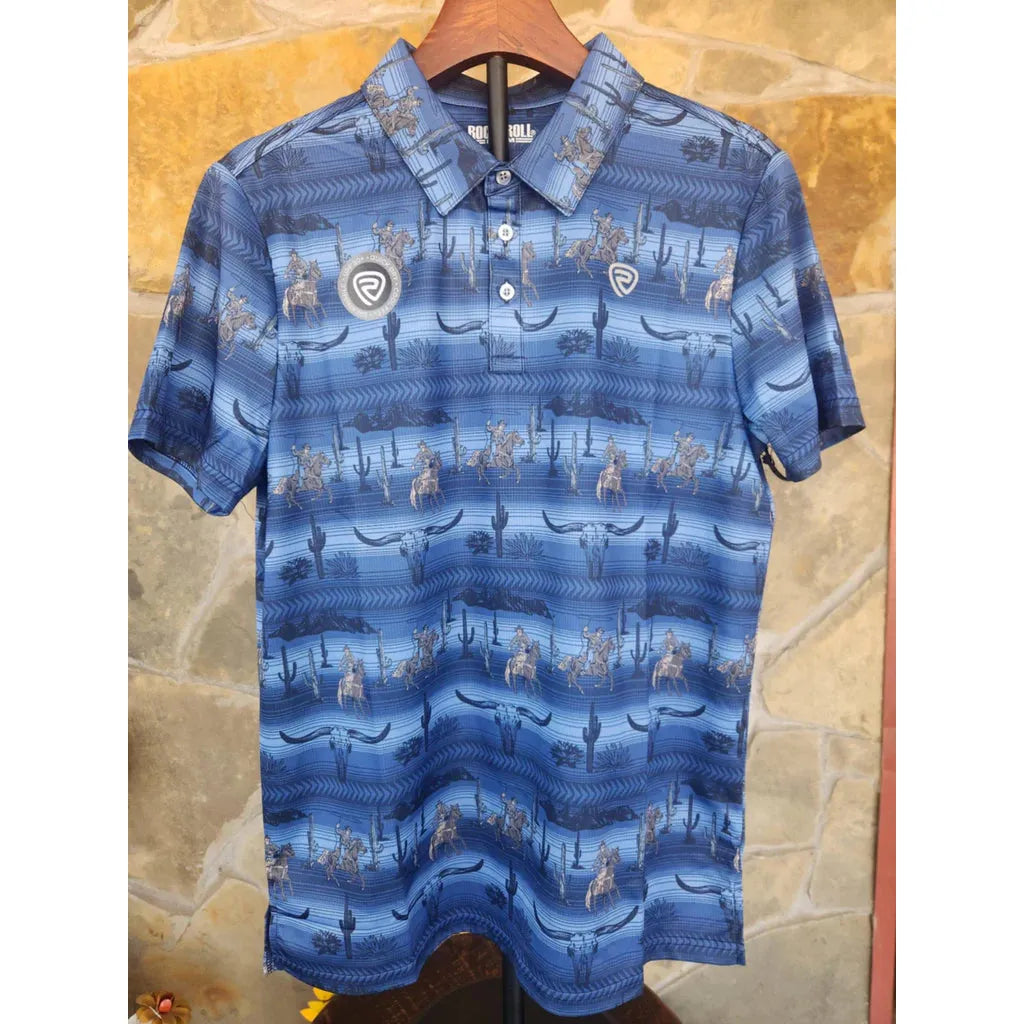 Rock & Roll  Men's  Serape Convo Printed Short Sleeve Polo Shirt - Navy