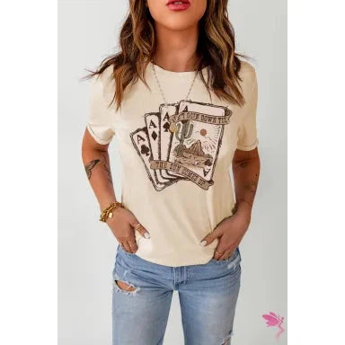 Dear Lover Women's Western Poker Cards Graphic T Shirt - Khaki