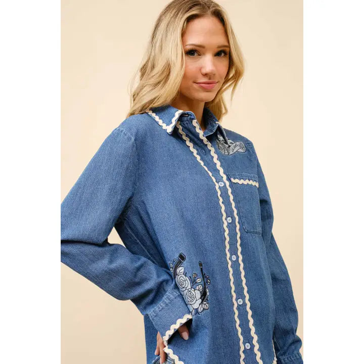 Women's Long Sleeve Ric Rac Embroidered Denim Top- Indigo