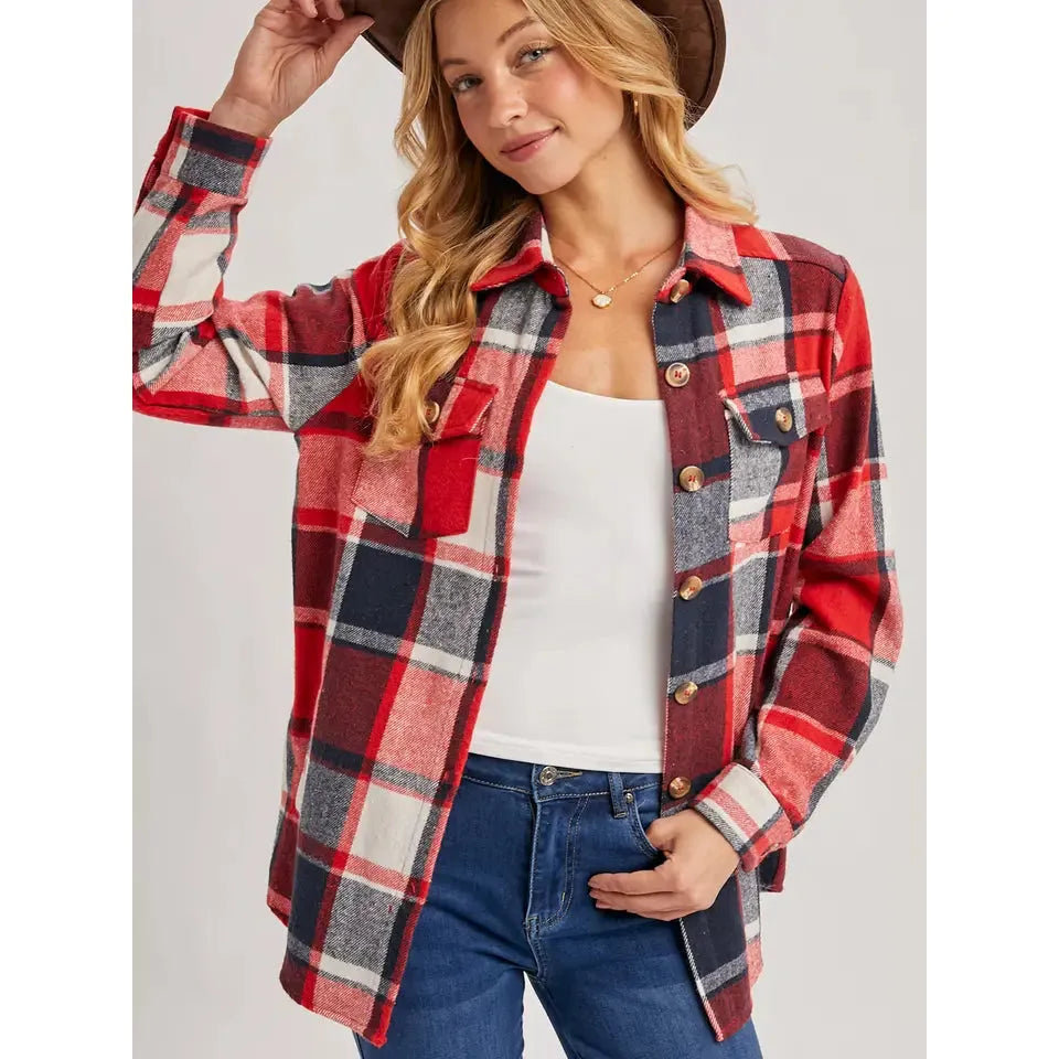 Bluivy Women's Long Sleeve Flannel Plaid Shacket-Red
