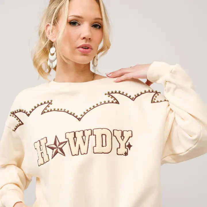 Women's Long Sleeve Howdy Studded Yoke Embroidered Sweatshirt- Sand