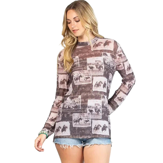 Avery Women's Delany Western Rodeo Print Mock Neck Mesh Top - Brown