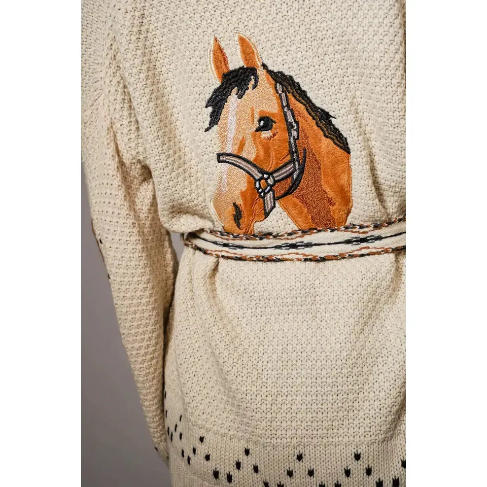 Blue B Women's Western Horse Belted Cardigan Sweater- Almond Beige