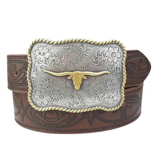 Axesoria West Men's Long Horn Buckle with Matching Tooled Belt-Brown