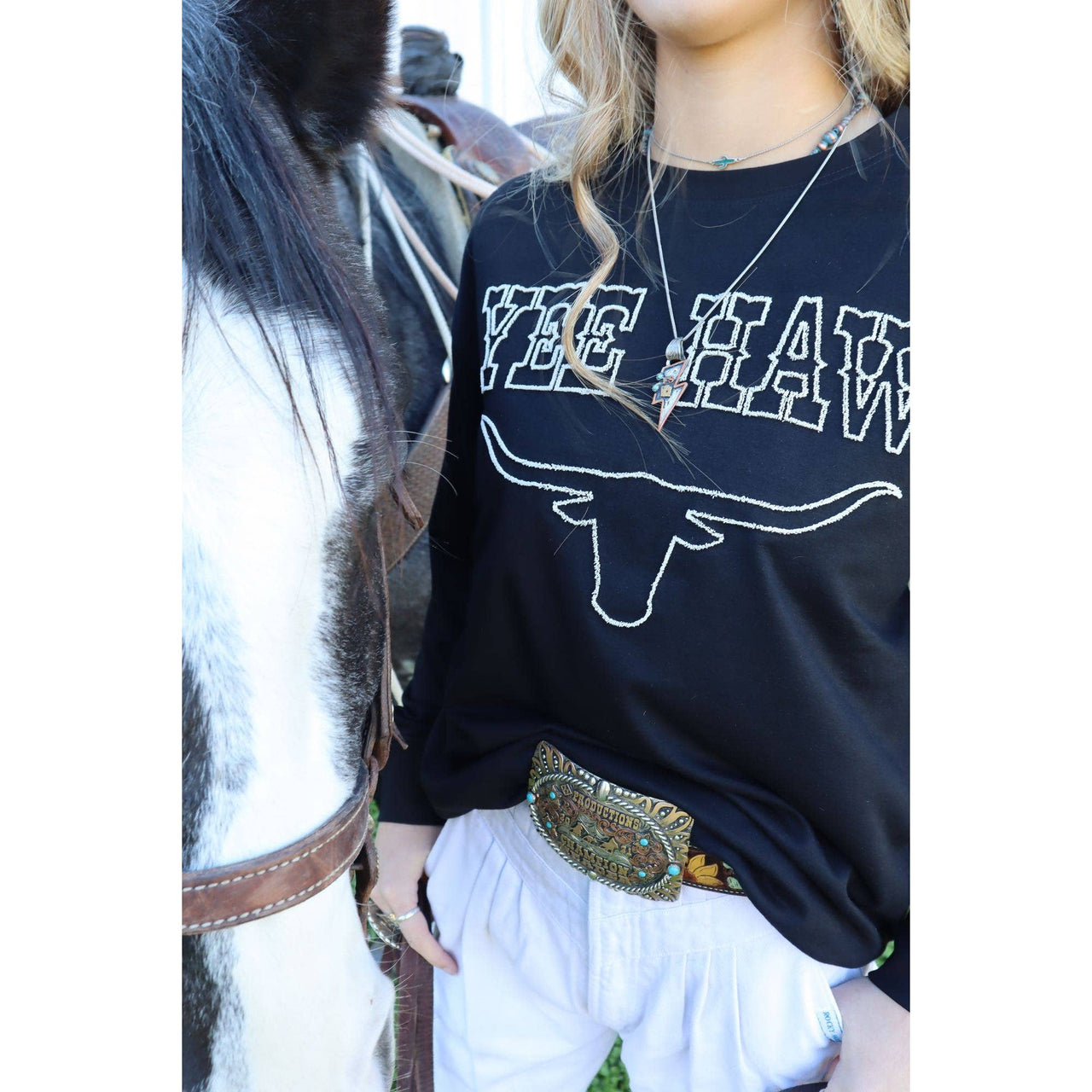 Merigold Kiss Women's Yee Haw Longhorn Long Sleeve Shirt - Black