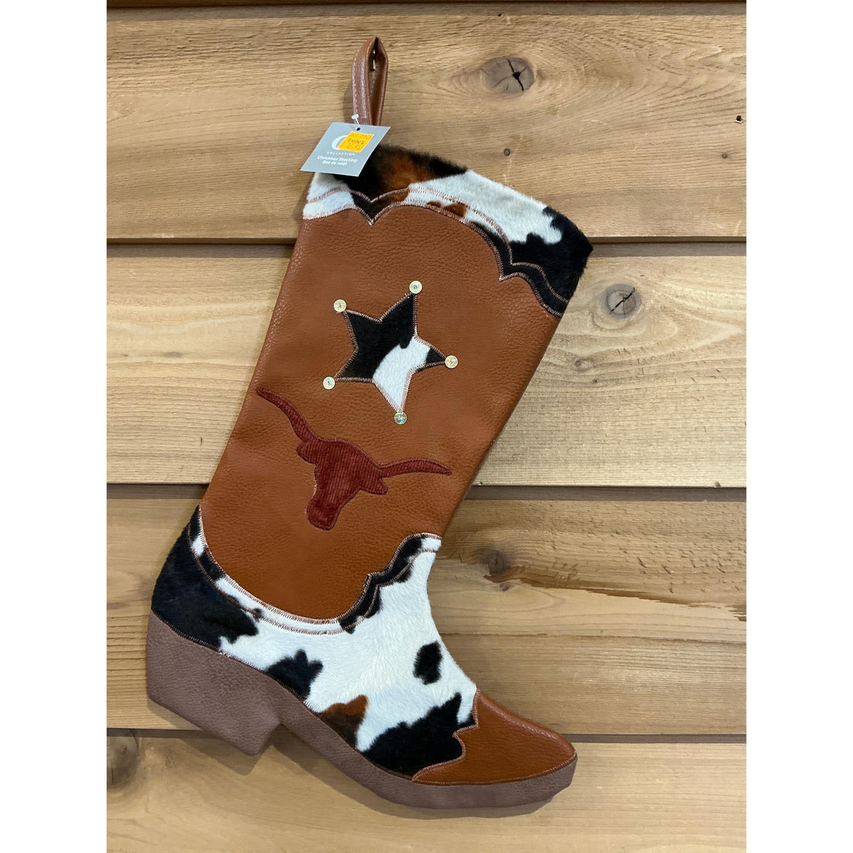 Christmas Cowboy Boot Stocking-Brown