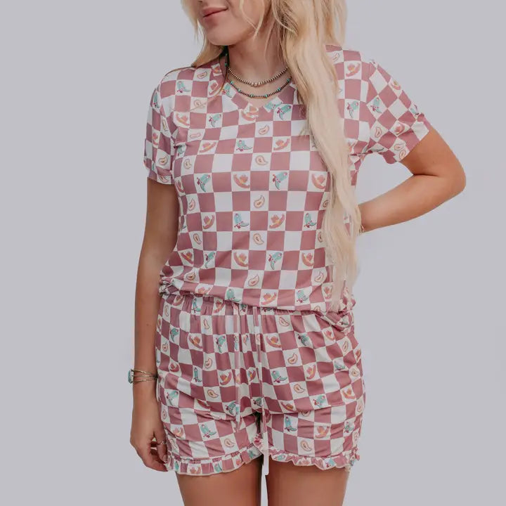 Women's Western Checkers Modal Pajama Short Set- Mauve