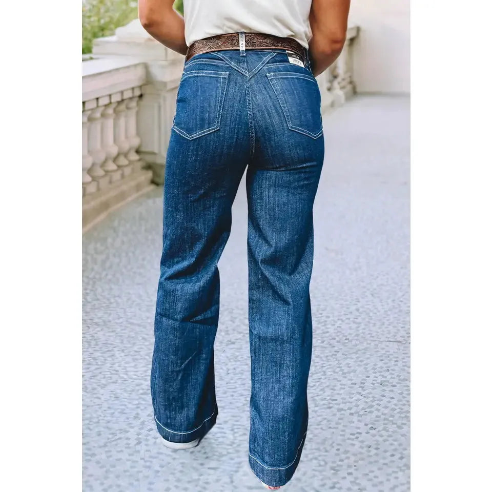 Little Daisy Stitched Waist Detail Loose Cuff Jeans- Sail Blue