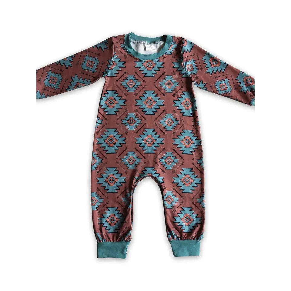 Yawoo Baby Boy's Arrow Aztec Long Sleeve Western Romper - Turquoise/Maroon