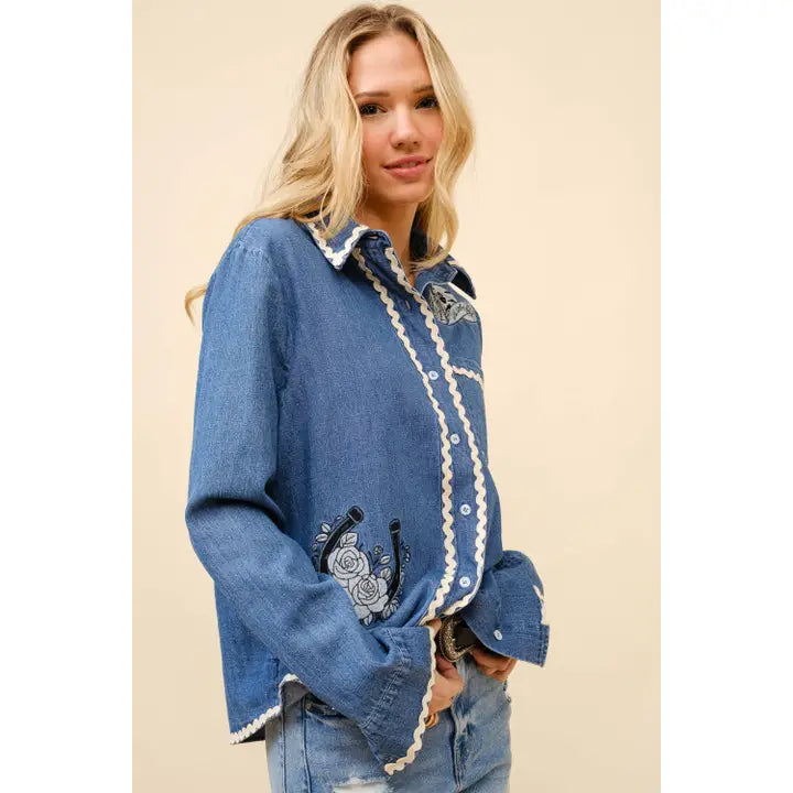 Women's Long Sleeve Ric Rac Embroidered Denim Top- Indigo
