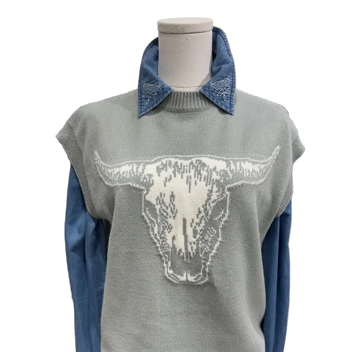 Rockin A Design Women's Sage Skull Vest Sweater- Grey