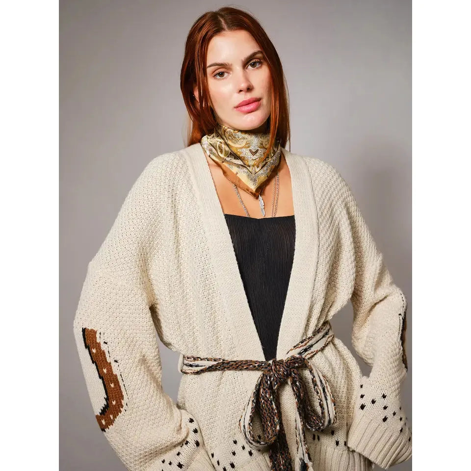 Blue B Women's Western Horse Belted Cardigan Sweater- Almond Beige