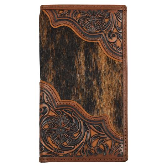 Justin Men's Genuine Leather Rodeo Wallet with Floral Tooling and Brindle Hair On