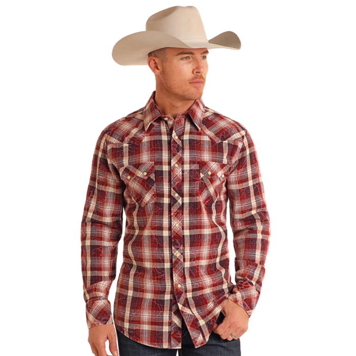 Rock & Roll Men's Washed Double Plaid Long Sleeve Snap Shirt - Burgundy