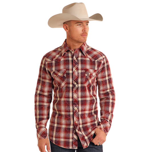 Rock & Roll Men's Washed Double Plaid Long Sleeve Snap Shirt - Burgundy