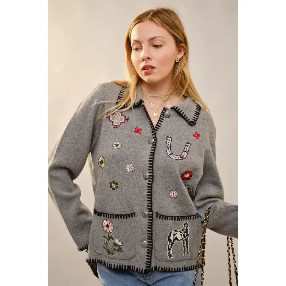 Blue B Women's Ship Stitch Embroidered Cardigan- Multiple Colours