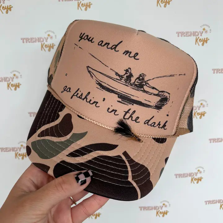 TrendyKeys You and me Go Fishin in the Dark Graphic Trucker Cap- Brown