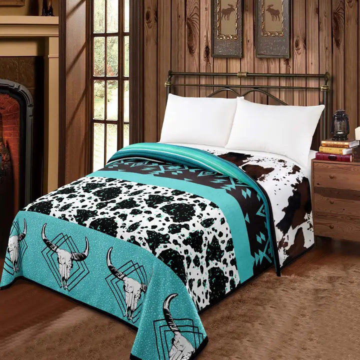 Western Linens Cowskull Cowprint Mia Reversible Blanket- Turquoise