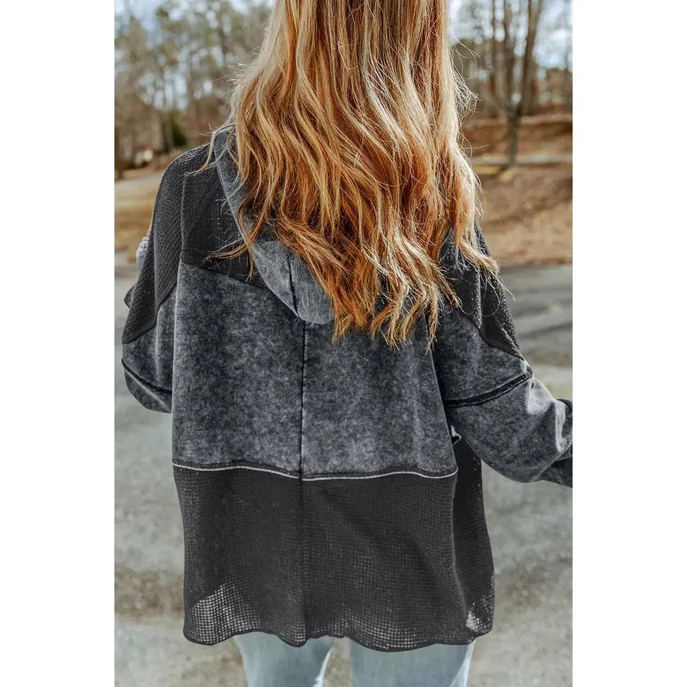 **Umorger Waffle Patchwork Vintage Washed Hooded Jacket - Black**FINAL SALE**