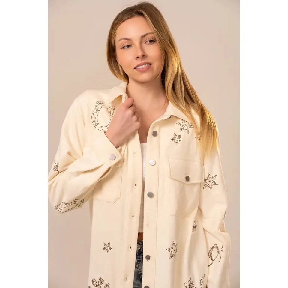Blue B Women's Western Embroidery Terry Shirt Jacket- Off White