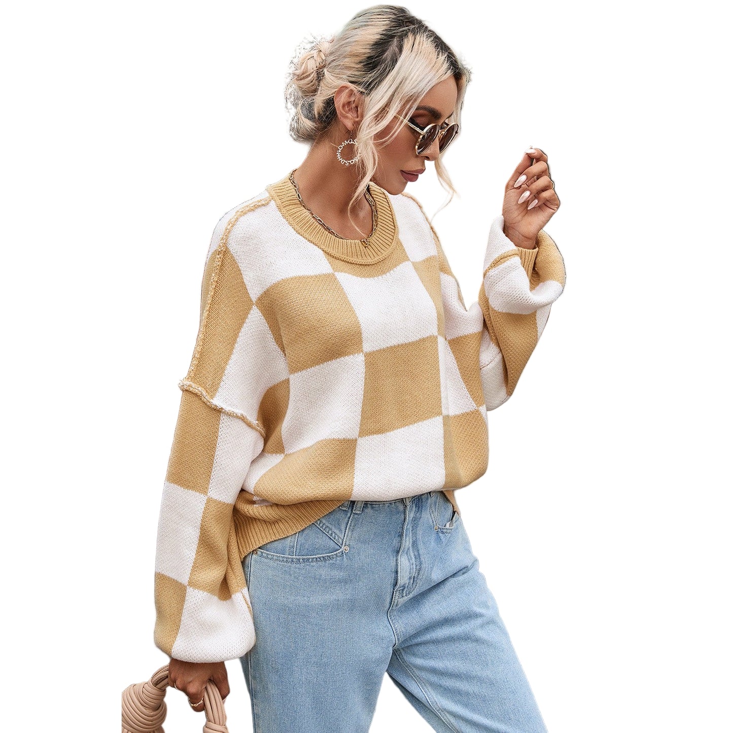 Dear Lover Women's Checkered Bishop Sleeve Sweater - Khaki