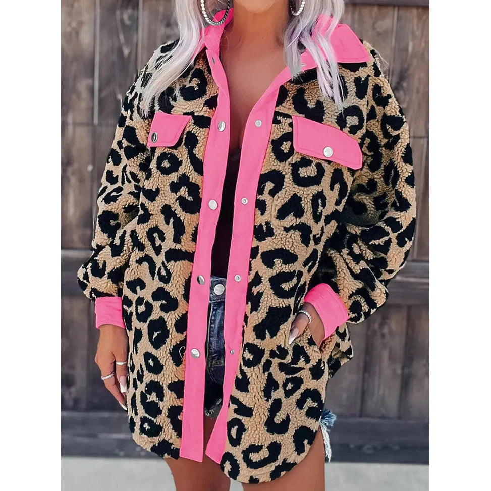 Umorger Contrast Trimmed Leopard Teddy Shacket - Pink/Leopard