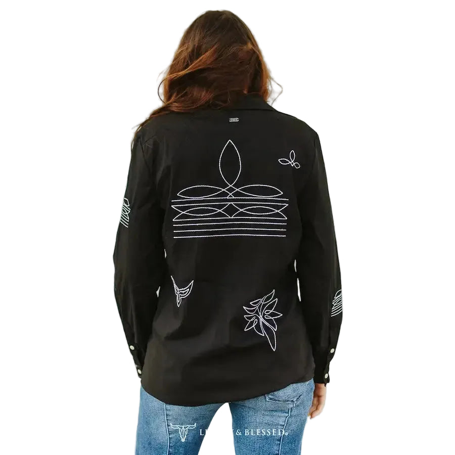 Lucky & Blessed Women's Boot Stitch Embroidered Button Down Shirt - Black - Irvine Tack & Western Wear