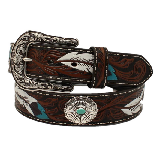 **Ariat Women's Leather Feather Floral Embossed Oval Concho Belt - Brown