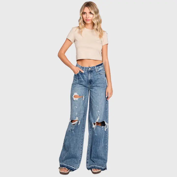 Petra153 Women's Distressed High Rise Rigid Vintage Wide Leg Jeans - Medium Wash