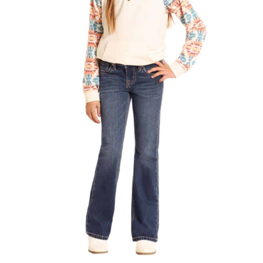 Rock & Roll  Girl's Mid Rise Denim Boot Cut Jean - Dark Wash
