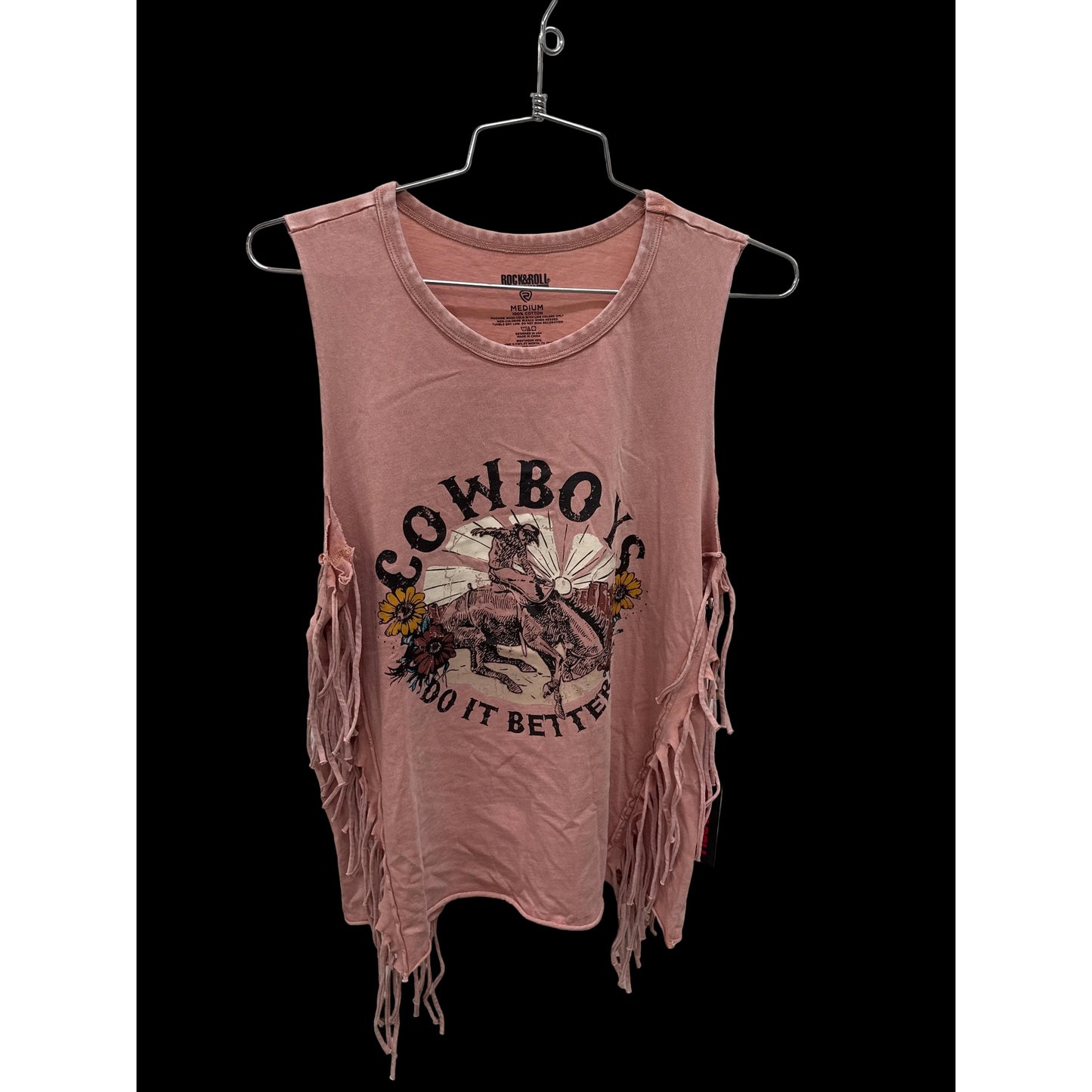Rock & Roll Women's Graphic Muscle Tee with Fringe - Rose/Mauve
