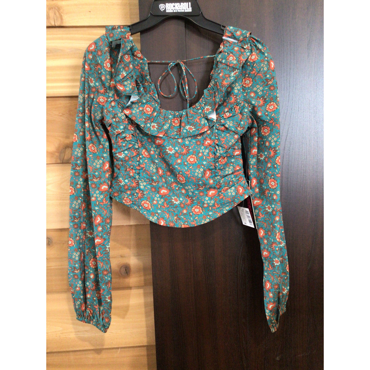 Rock & Roll Women's Long Sleeve Scooped Neckline Floral Top- Hunter Green