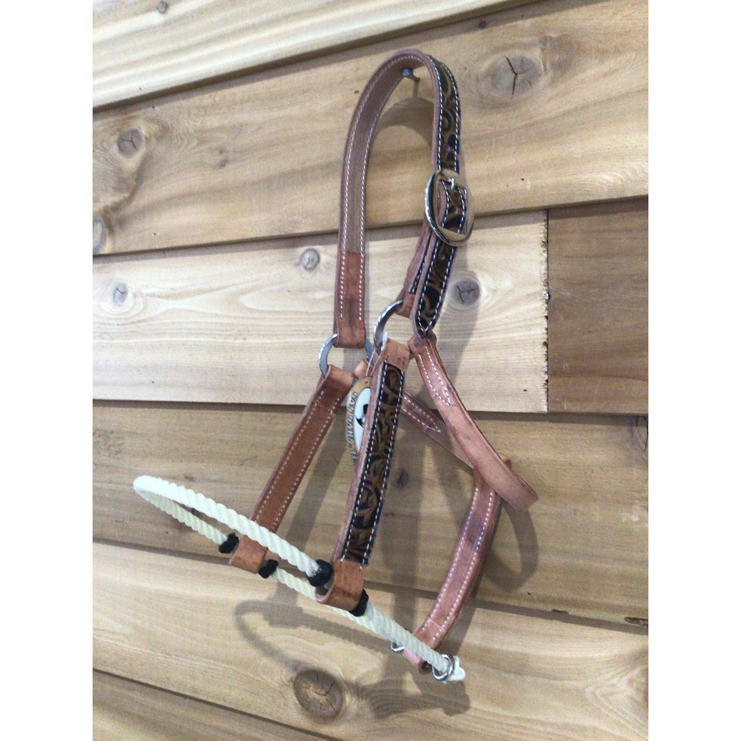 San Saba 1" Harness Leather Halter w/ Rope Nose -Floral & Buckstitch